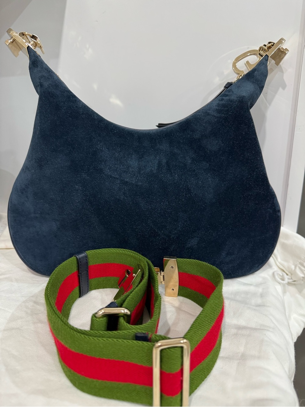 Gucci Web Attaché crossbody Suede Crescent Shoulder Bag with Green/Red Web Strap